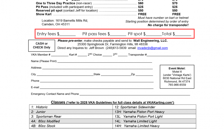 14th Annual Camden Vintage Event Entry Blank, Details Posted