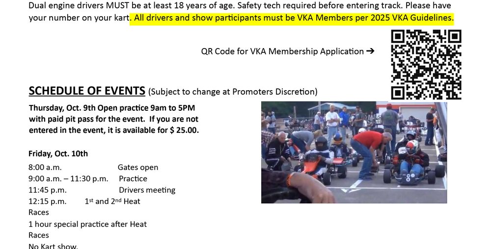 SCHEDULE UPDATE – October 10-11 VKA Race Added at Mid-State