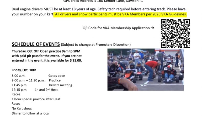 SCHEDULE UPDATE – October 10-11 VKA Race Added at Mid-State