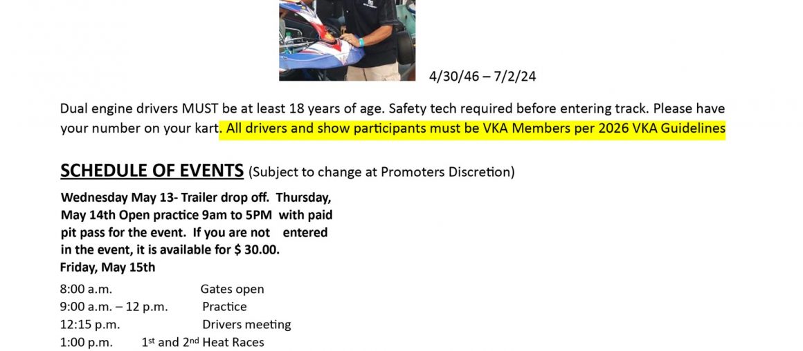 2026 Mike Birdsell Memorial Mid-State VKA Event flyer posted