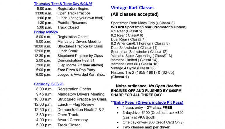 Avon, NY 16th Annual Vintage Karting Reunion Entry Form Posted