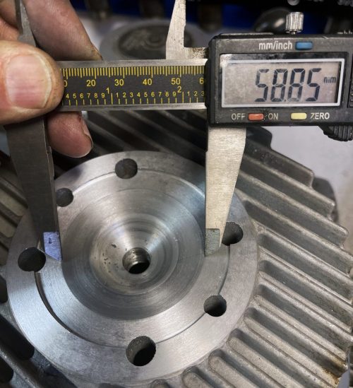 The final check is to make sure the squish band is the correct diameter for your engine’s bore. We are using a 58.8mm piston, so the 58.85mm size is just about right. If your diameter is too small, cut the squish band deeper. If it is too big, cut the cylinder sealing surface some more. After you do a couple of these you’ll get the hang of juggling the dimensions for the desired results.
